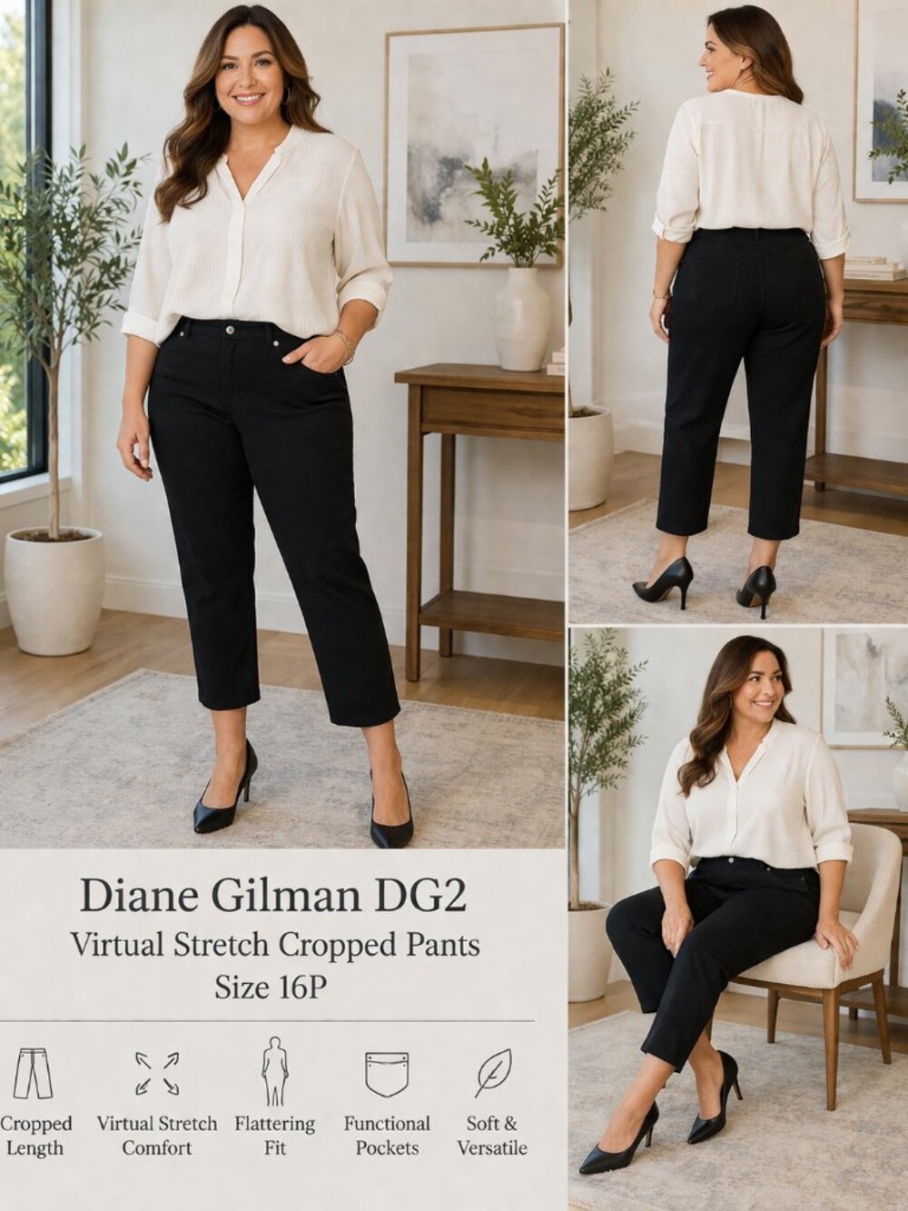 🆕DG2 Diane Gilman Virtual Stretch Cropped Pants Black Size 16P